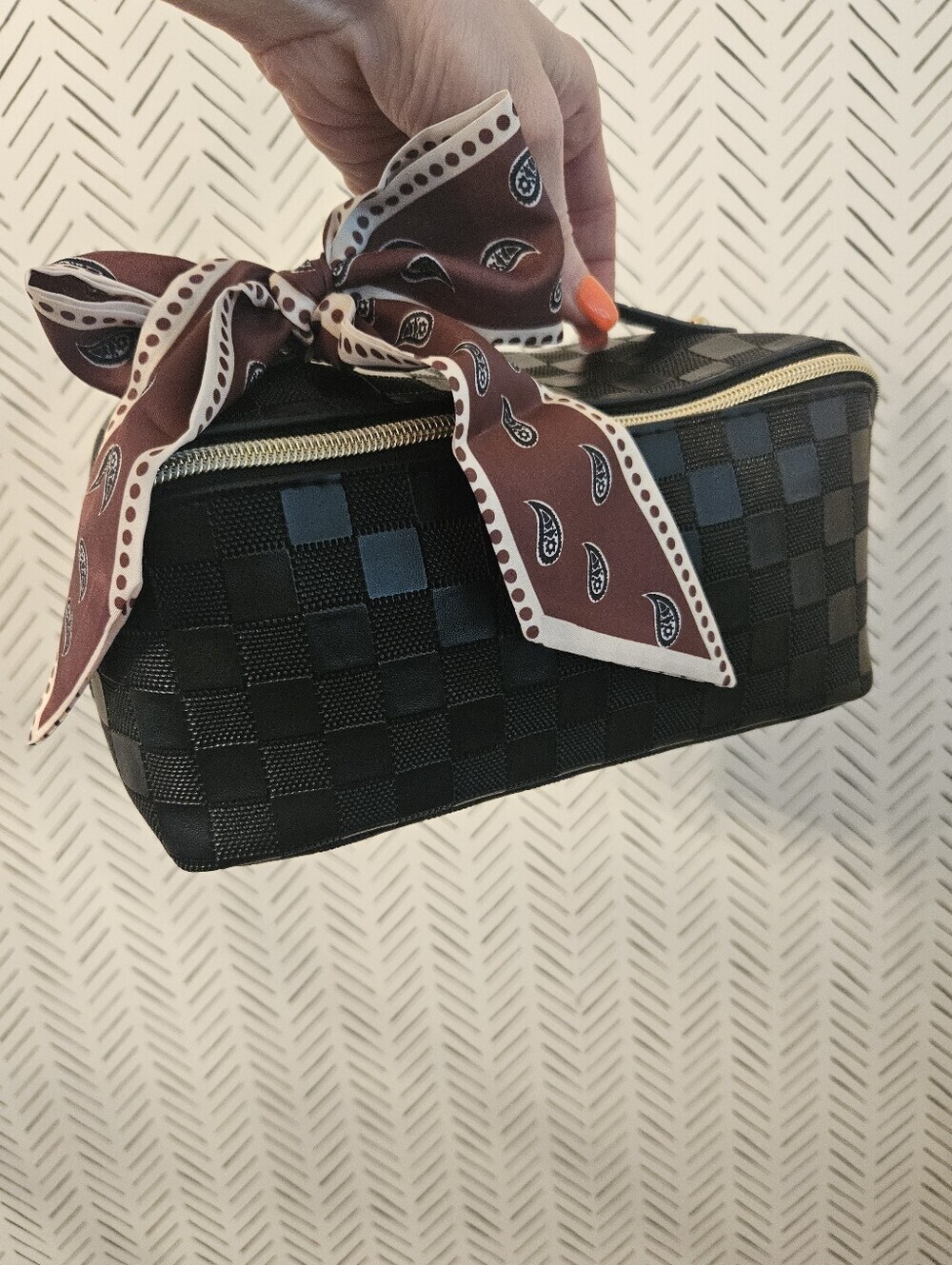 NEW Black Checkered Cosmetic Bag + Removable Scarf Set